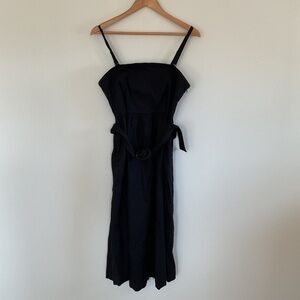 Joie Midi Black Linen Blend Smocked Black Dress Sundress Sz 12 Belted Pockets